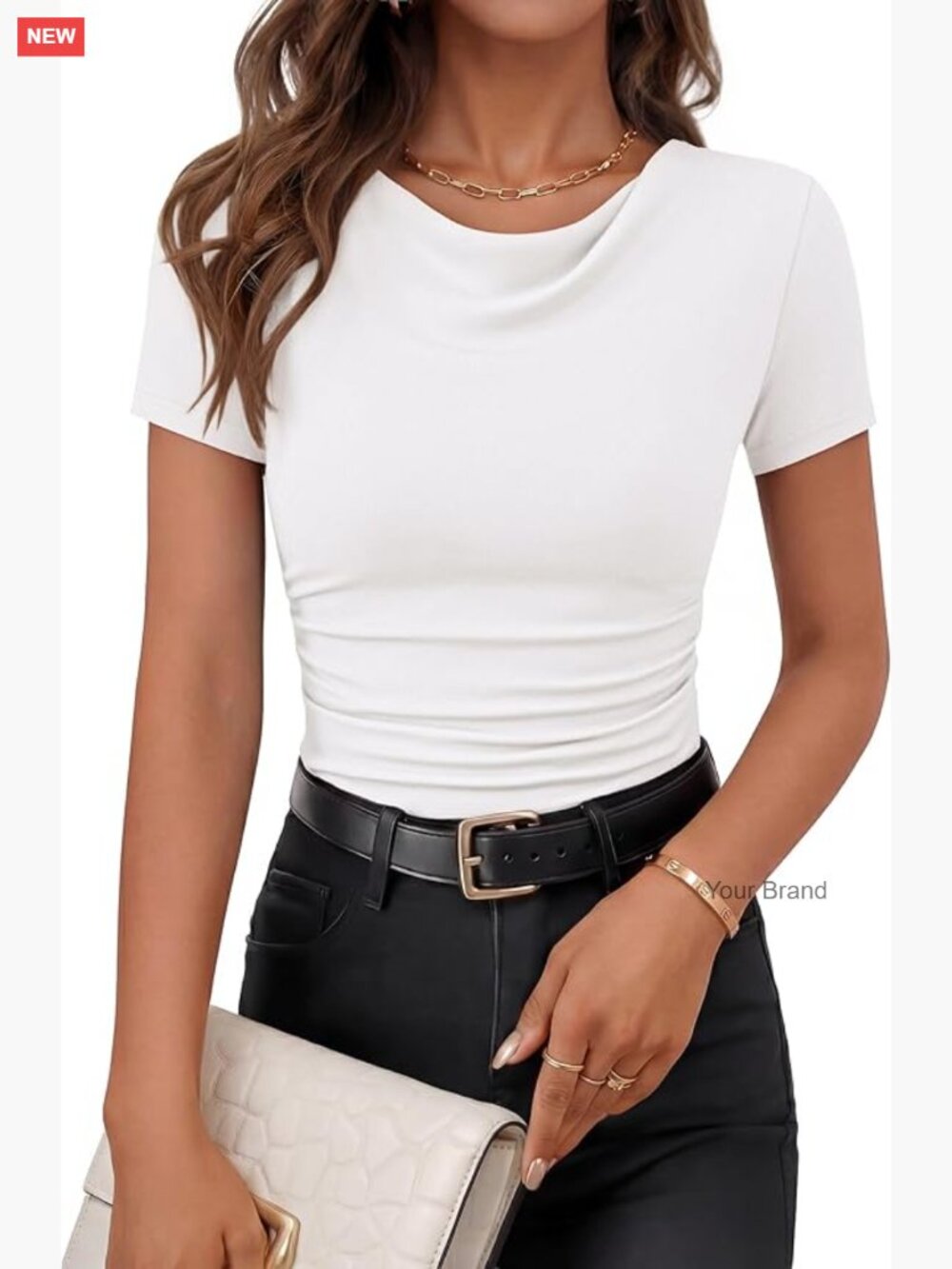 Slim Fit Cowl Neck Short Sleeve T-Shirt Ruched Women's Top